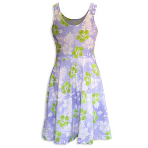 The invisible manikin back side view of Baby Blue by Cool Blue Maui’s Haiku Hibiscus Holoholo Dress which has a lavender background with white and lime green hibiscus flowers.
