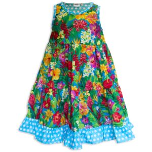 Invisible manikin view of the front side of the Baby Blue Aloha Minnie Twirling Dress by Cool Blue Maui which has bright yellow, red, purple, and orange assorted Hawaiian tropical flowers and a blue with white polkadot hem.