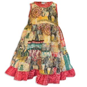 Invisible manikin view of the front side of the Baby Blue Elephant Walk Twirling Dress by Cool Blue Maui which has large gray elephants walking among multi color batik motifs and a brick and red coordinate trim and ruffle.