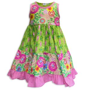 Invisible manikin view of the front side the Baby Blue Seahorse Garden Twirling Dress by Cool Blue Maui which has bright pink seahorses set on a lime green background with orange and yellow flowers and a pink checkered hem.