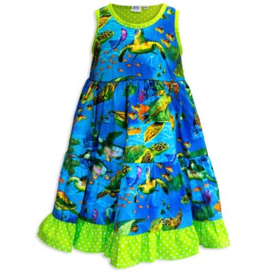 Invisible manikin view of the front side of the Baby Blue Turtle Town Twirling Dress by Cool Blue Maui which has a bright blue ocean background with swimming green sea turtles and a bright green polkadot hem.
