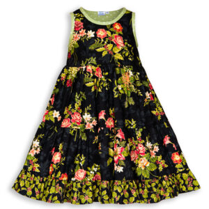 Front view of Holiday Bouquet Twirl Dress with the black background with roses, lilies, holiday flowers and green polkadot trim.