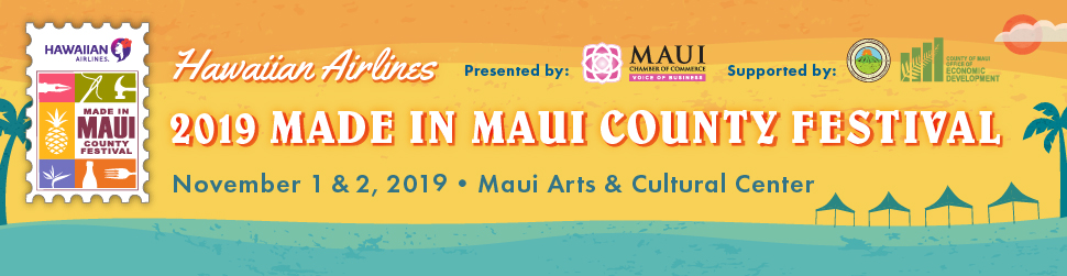 Hawaiian Airlines Made in Maui County Festival orange, yellow and blue branded banner ad for event.