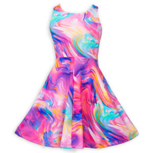Girls' sundress with pink, blue, and purple swirls.